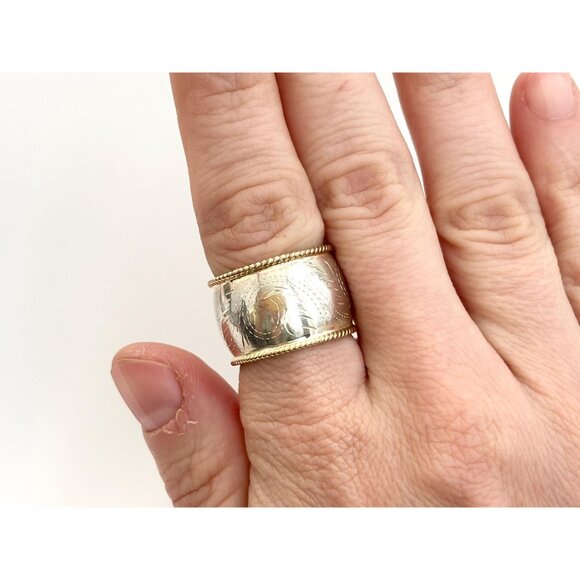 Thai Made Two Toned Floral Hand Carved 925 Sterling Silver Vintage Ring - sz 7.5 - Picture 10 of 13